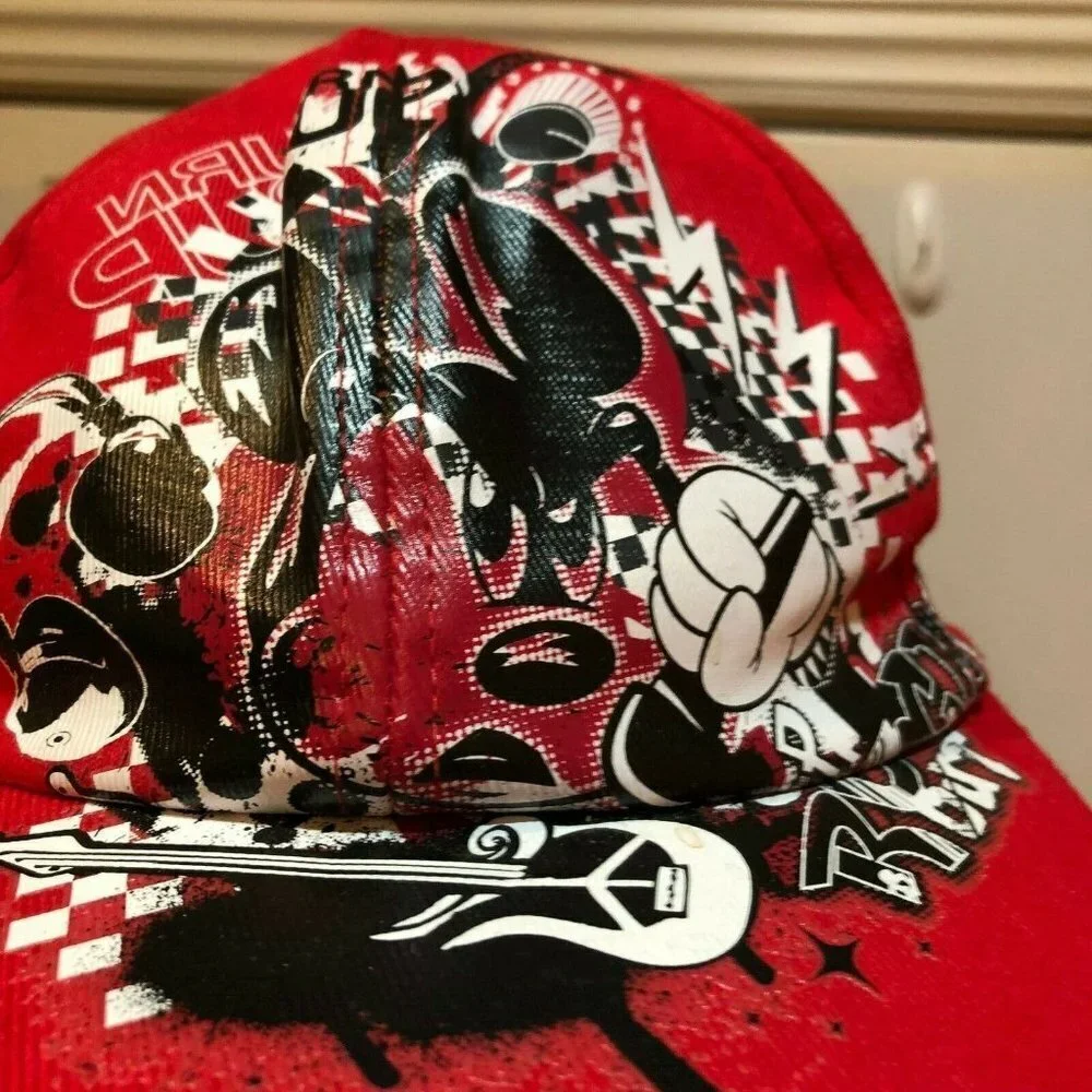 Disney Parks Adult Red Black Mickey Mouse Hat Electric Guitar Headphone Cap Hat